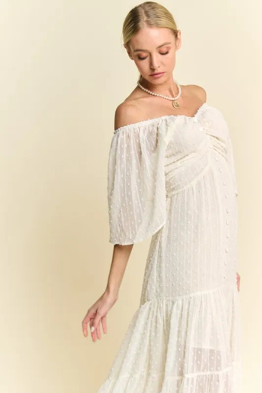 Davi & Dani Swiss Dotted Ruched Ruffle Open Back Midi Dress - Brittney MADE