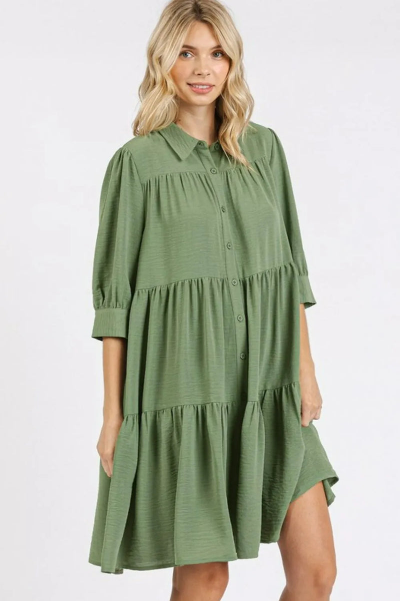 Mittoshop Button Detail Collared Neck Tiered Shirt Dress - Brittney MADE