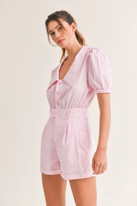 MABLE Striped Puff Sleeve Collared Neck Romper - Brittney MADE
