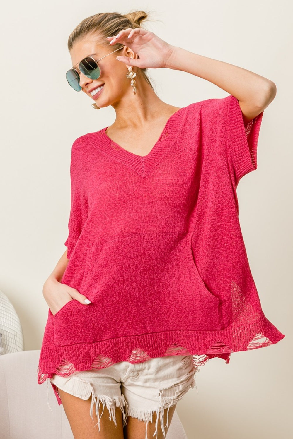 BiBi Distressed Hem V-Neck Slit Sweater - Brittney MADE