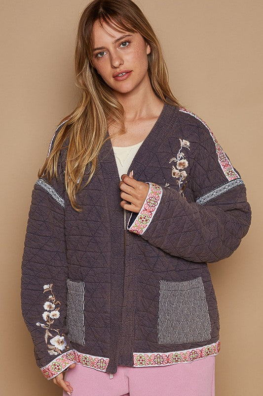 POL Embroidered Open Front Long Sleeve Jacket - Brittney MADE