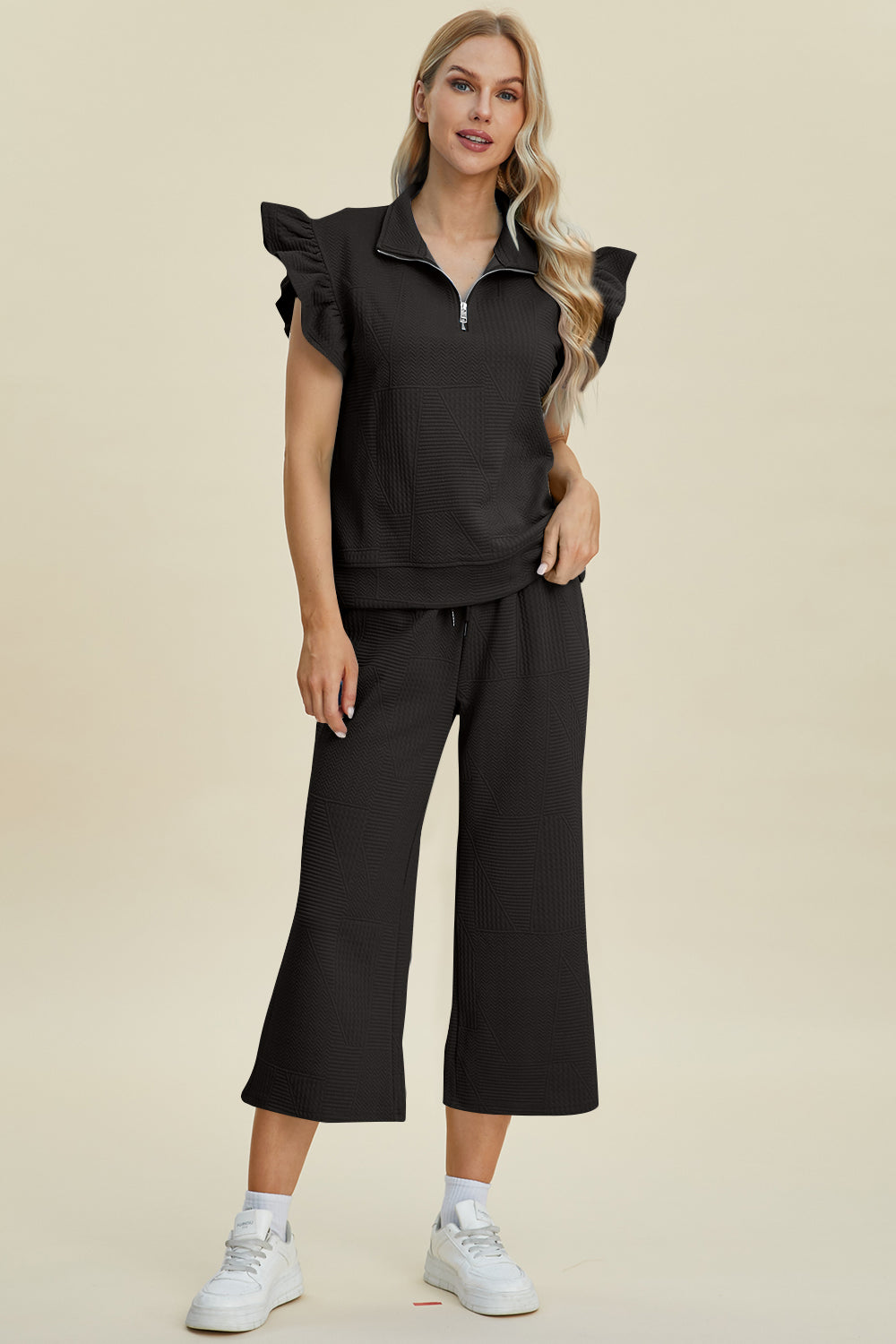 Double Take Full Size Texture Ruffle Short Sleeve Top and Wide Leg Pants Set - Brittney MADE