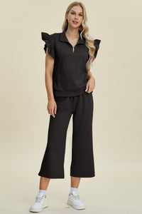 Double Take Full Size Texture Ruffle Short Sleeve Top and Wide Leg Pants Set - Brittney MADE