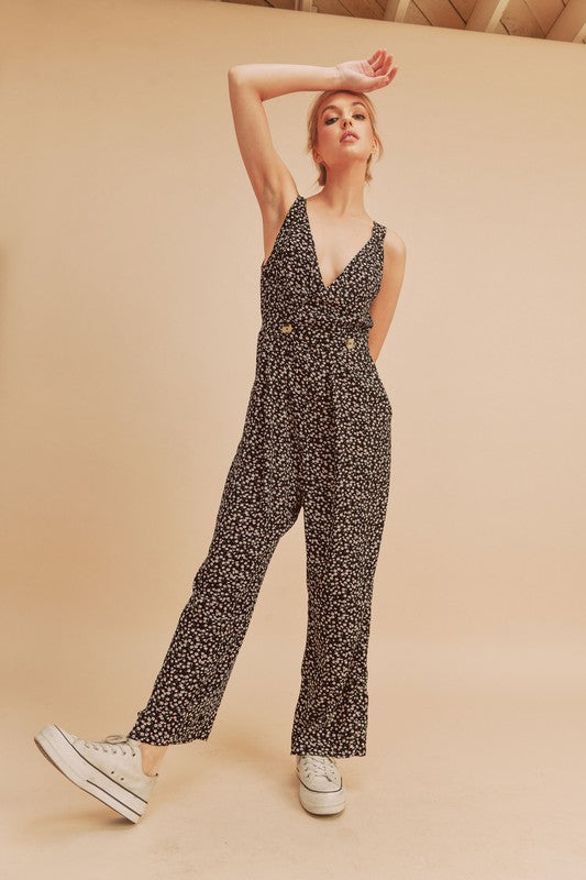Aemi + Co Ditsy Floral Surplice Sleeveless Wide Leg Jumpsuit - Brittney MADE