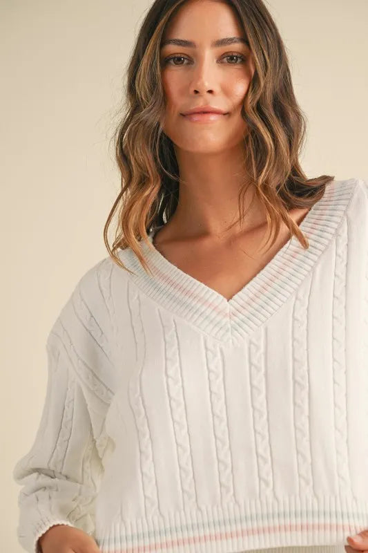 MABLE V-Neck Varsity Crop Knit Sweater and Skirt Set - Brittney MADE