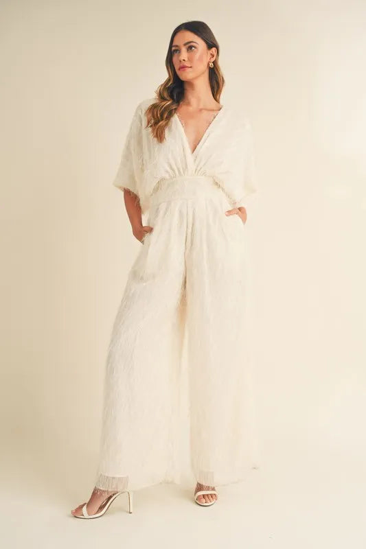 MABLE Fluffy Deep V Neck Wide Leg Jumpsuit - Brittney MADE