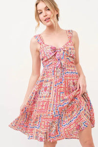 And The Why Tied Front Smocked Back Tiered Boho Printed Dress - Brittney MADE