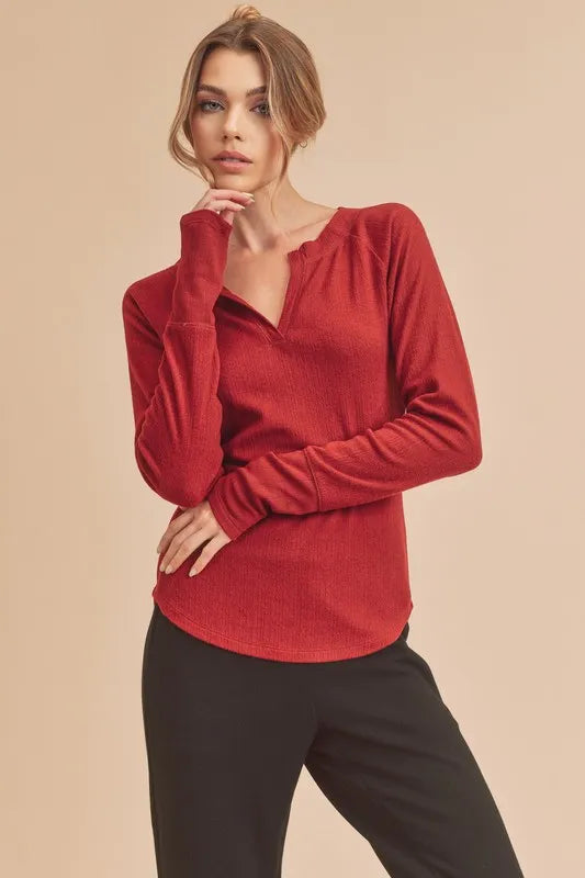Aemi + Co Notched Raglan Sleeve Curved Hem T-Shirt - Brittney MADE