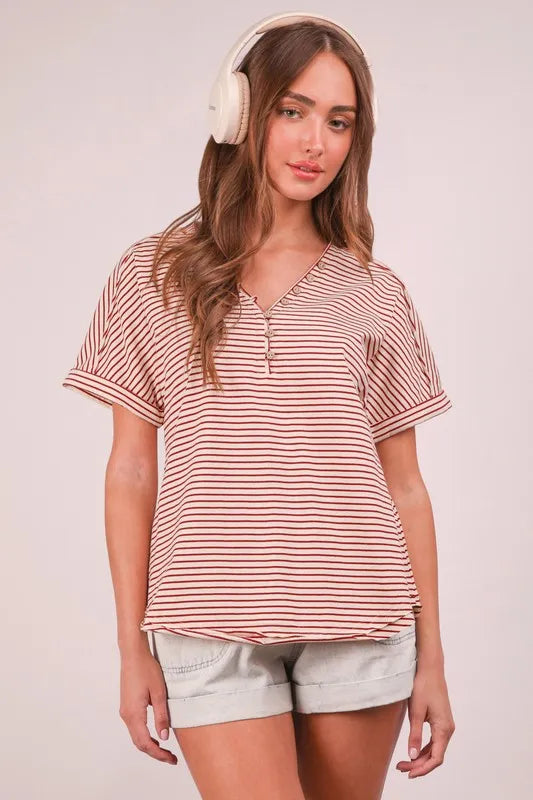 VERY J Striped V-Neck Short Sleeve T-Shirt - Brittney MADE