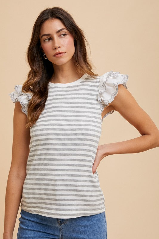 Annie Wear Ruffled Striped Round Neck Cap Sleeve Knit Top - Brittney MADE