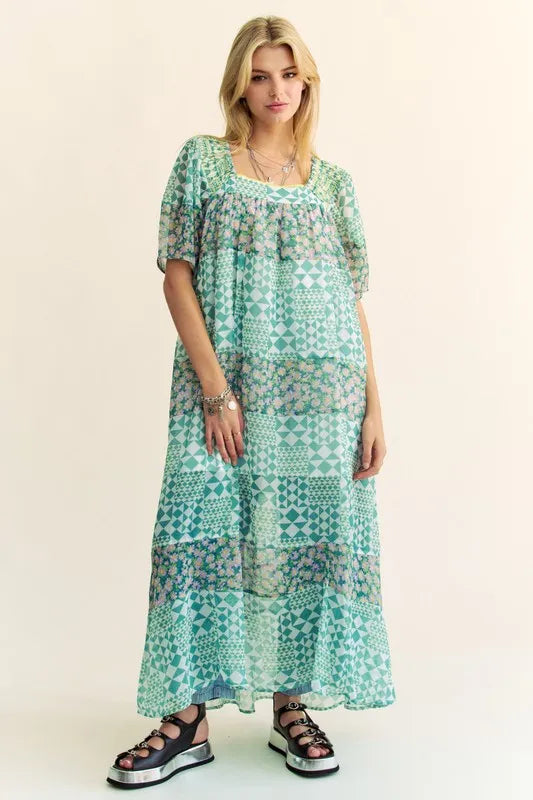 Davi & Dani Multi Floral Square Neck Puff Sleeve Maxi Dress - Brittney MADE