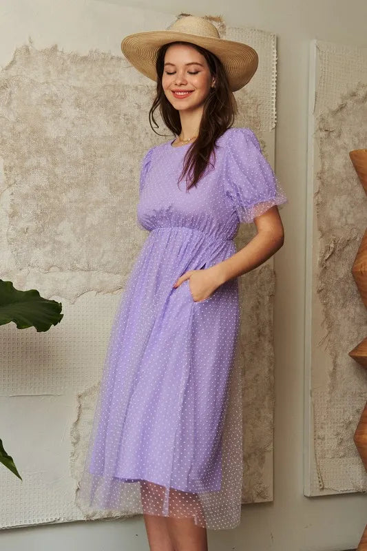 Davi & Dani Mesh Puff Short Sleeve Midi Dress - Brittney MADE