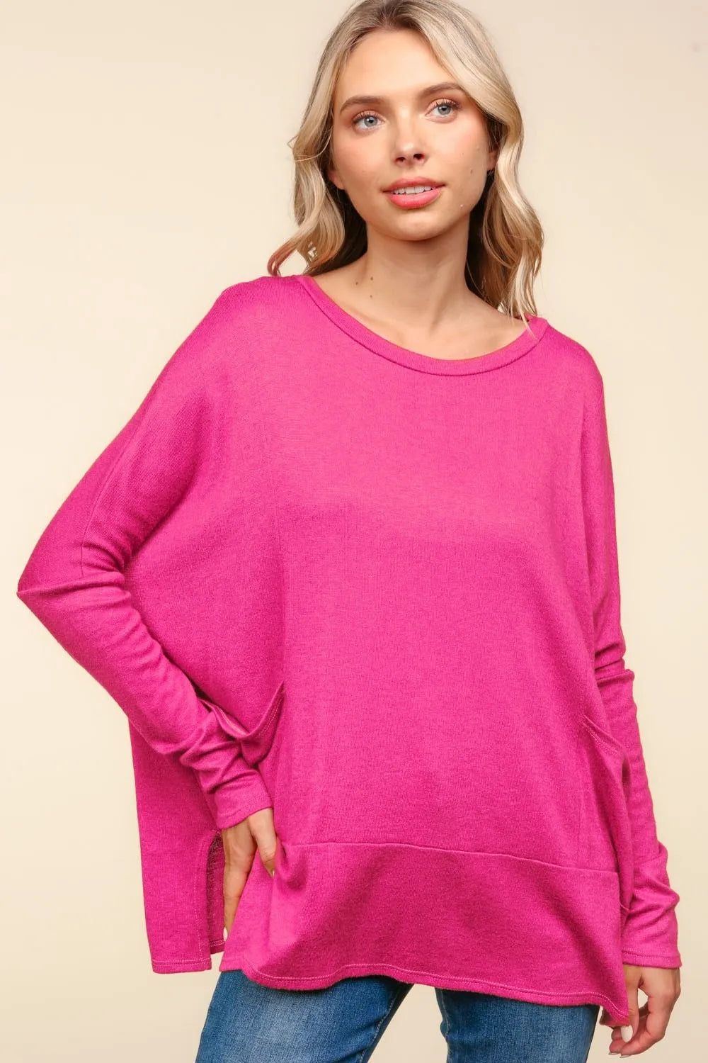 Haptics Dolman Long Sleeve Oversized Knit Top with Pockets - Brittney MADE