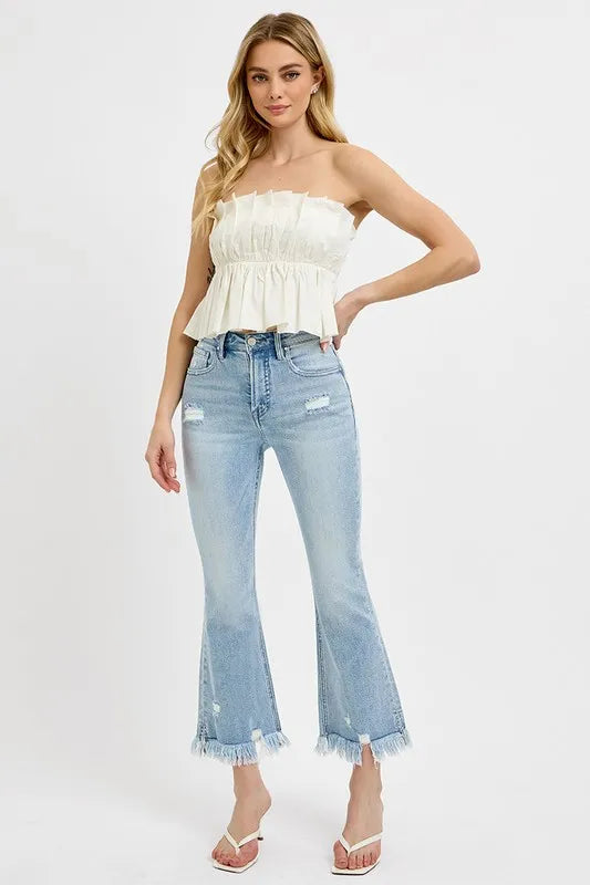 RISEN Full Size Raw Hem Distressed Cropped Flare Jeans Plus Size - Brittney MADE