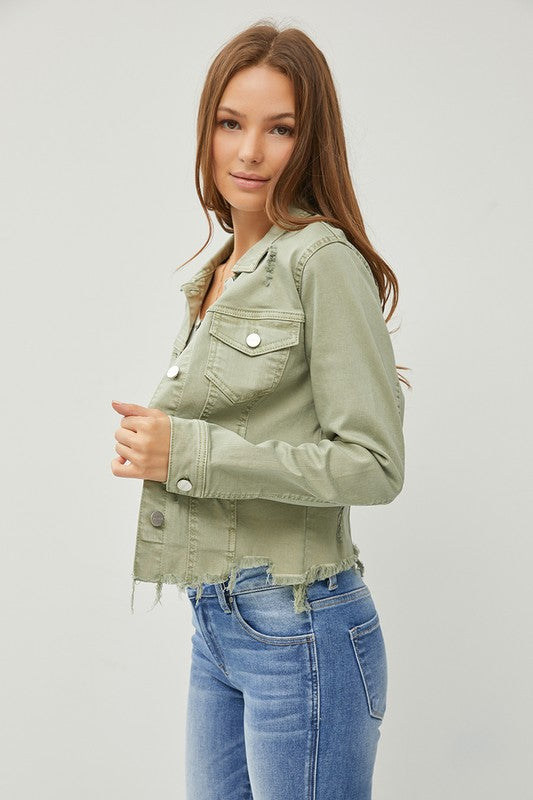 RISEN Full Size Raw Hem Button Up Cropped Denim Jacket Plus Size - Brittney MADE