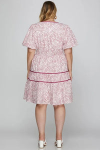 She + Sky Full Size Printed V-Neck Puff Sleeve Tiered Dress Plus Size - Brittney MADE