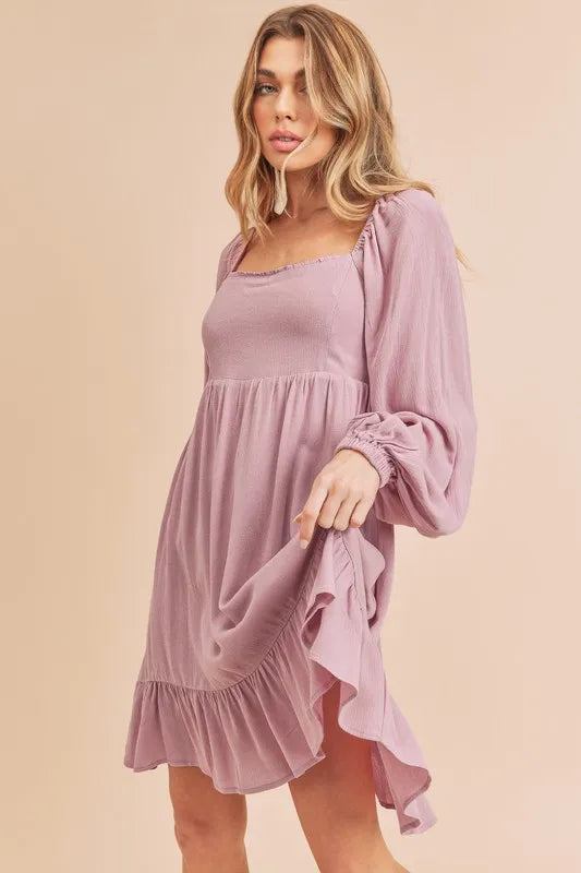 Aemi + Co Ruffled Hem Square Neck Balloon Sleeve Mini Dress - Brittney MADE