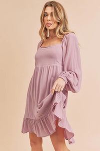Aemi + Co Ruffled Hem Square Neck Balloon Sleeve Mini Dress - Brittney MADE