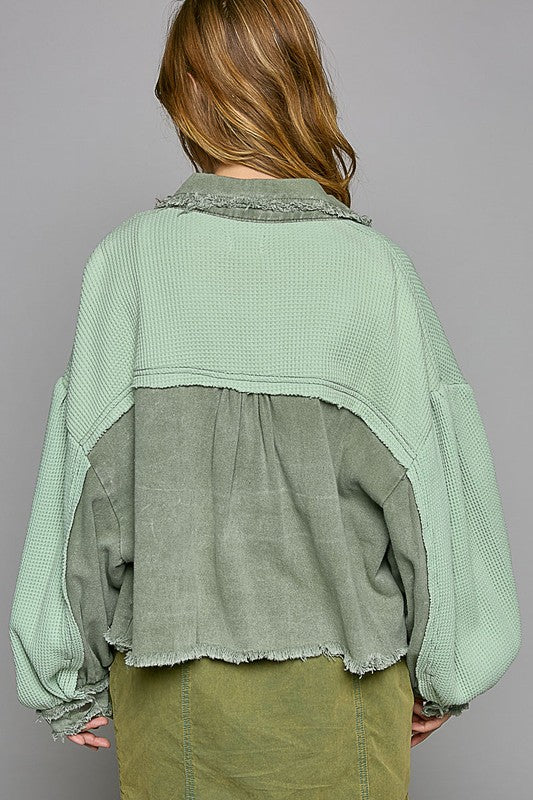 POL Waffle Knit Raw Hem Contrast Button Up Jacket - Brittney MADE