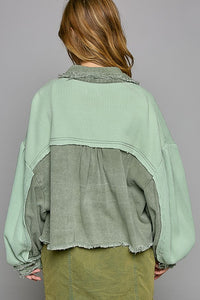 POL Waffle Knit Raw Hem Contrast Button Up Jacket - Brittney MADE