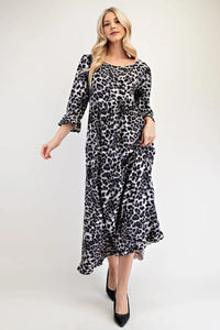 Celeste Full Size Leopard Round Neck Flounce Sleeve Dress - Brittney MADE