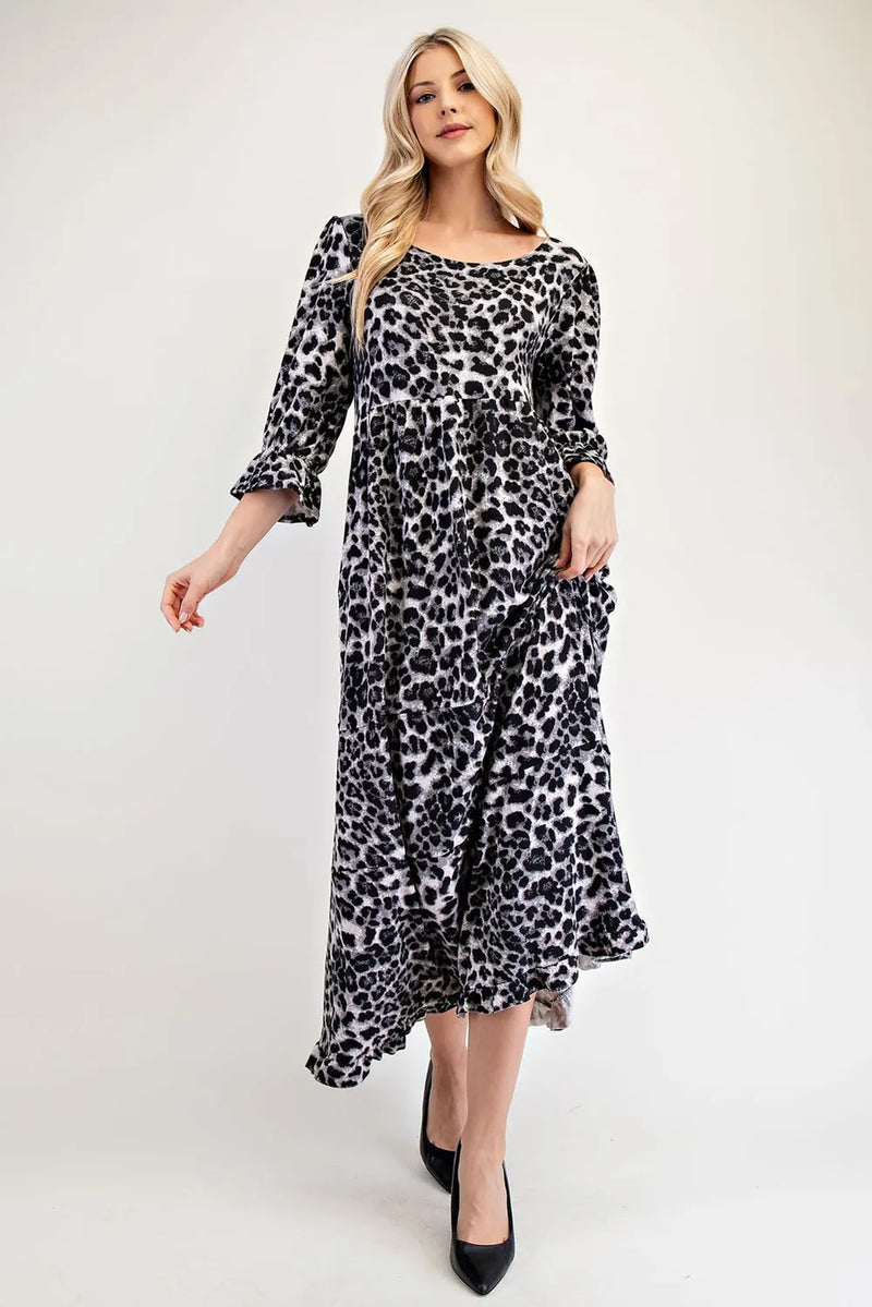Celeste Full Size Leopard Round Neck Flounce Sleeve Dress - Brittney MADE