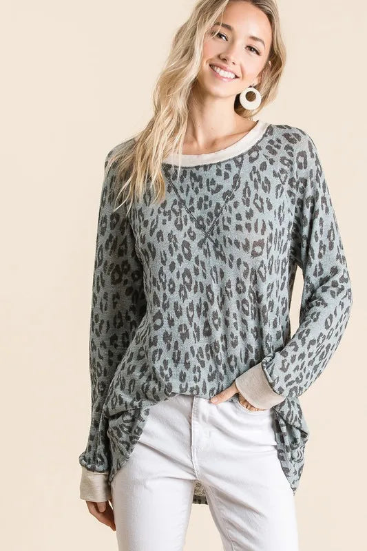BiBi Leopard Hacci Round Neck Long Sleeve T-Shirt - Brittney MADE