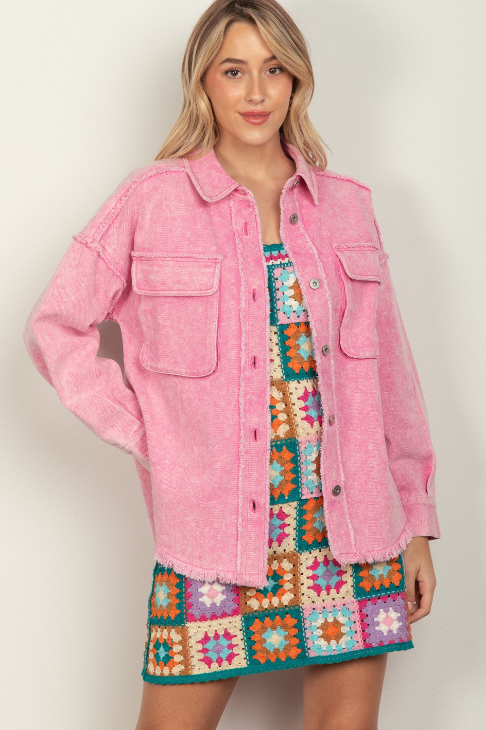 VERY J Full Size Button Up Raw Hem Long Sleeve Jacket - Brittney MADE