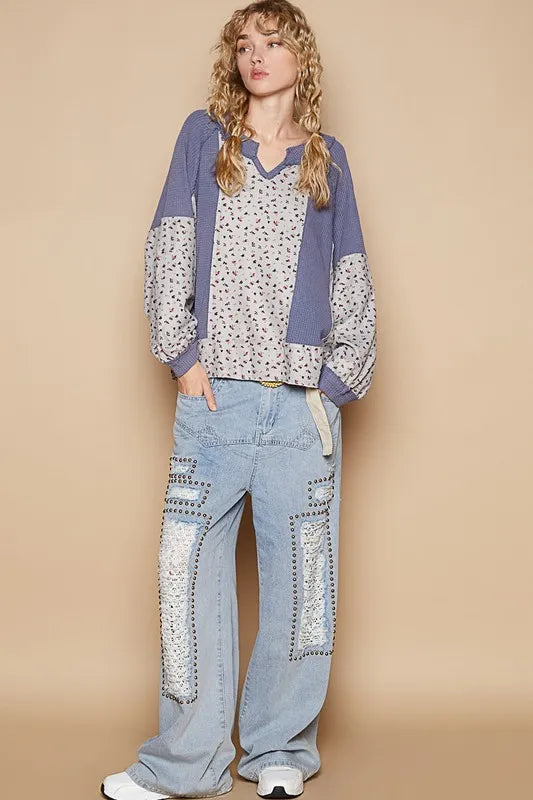 POL Waffle Knit Floral Notched Long Sleeve Top - Brittney MADE