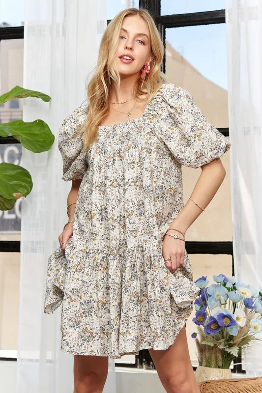 ADORA Floral Square Neck Puff Sleeve Dress - Brittney MADE