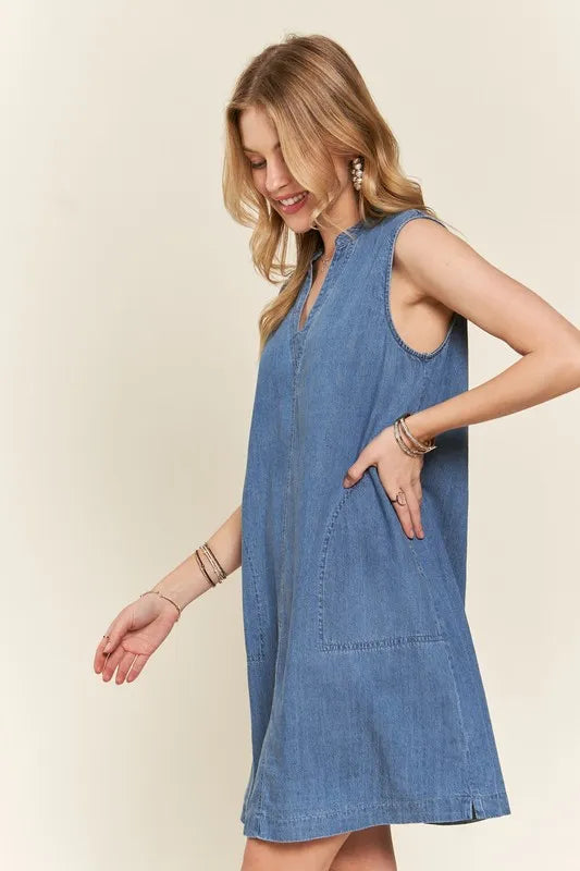 ADORA Notched Sleeveless Denim Dress with Pockets - Brittney MADE