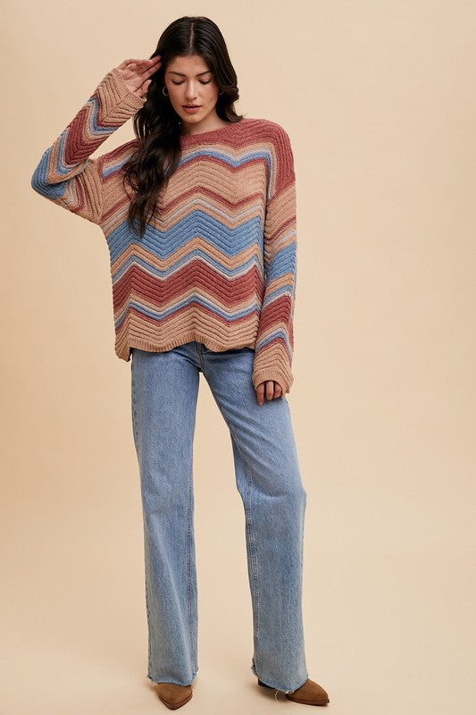 Annie Wear Multi Color Zig-Zag Round Neck Sweater - Brittney MADE
