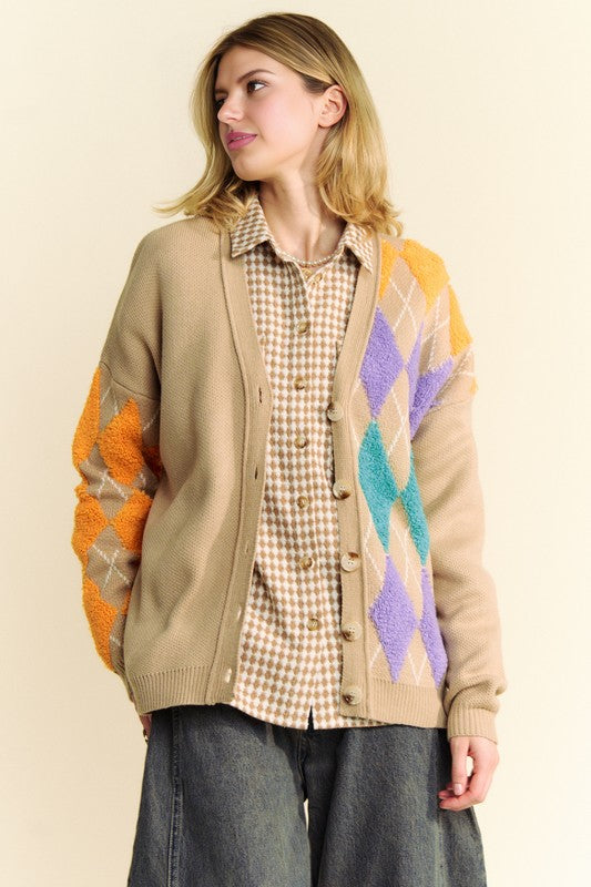 Davi & Dani Argyle V-Neck Dropped Shoulder Cardigan - Brittney MADE