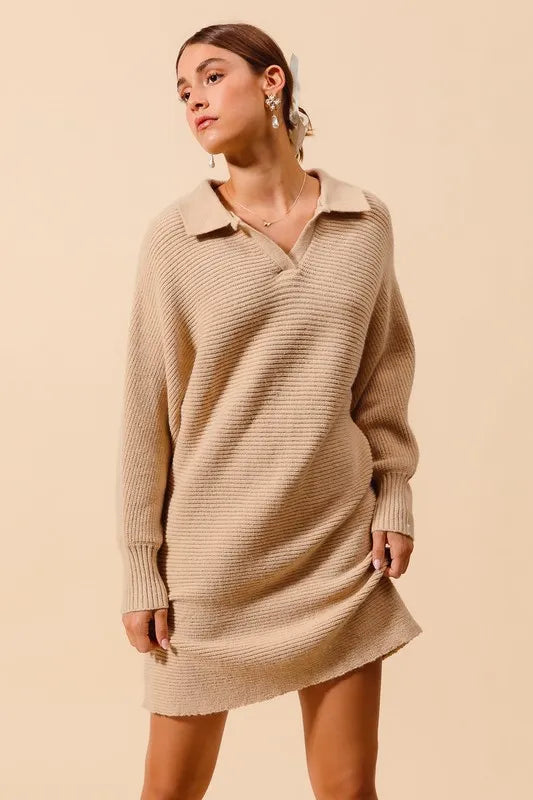 SO ME Ribbed Knit Collar Neck Dress - Brittney MADE