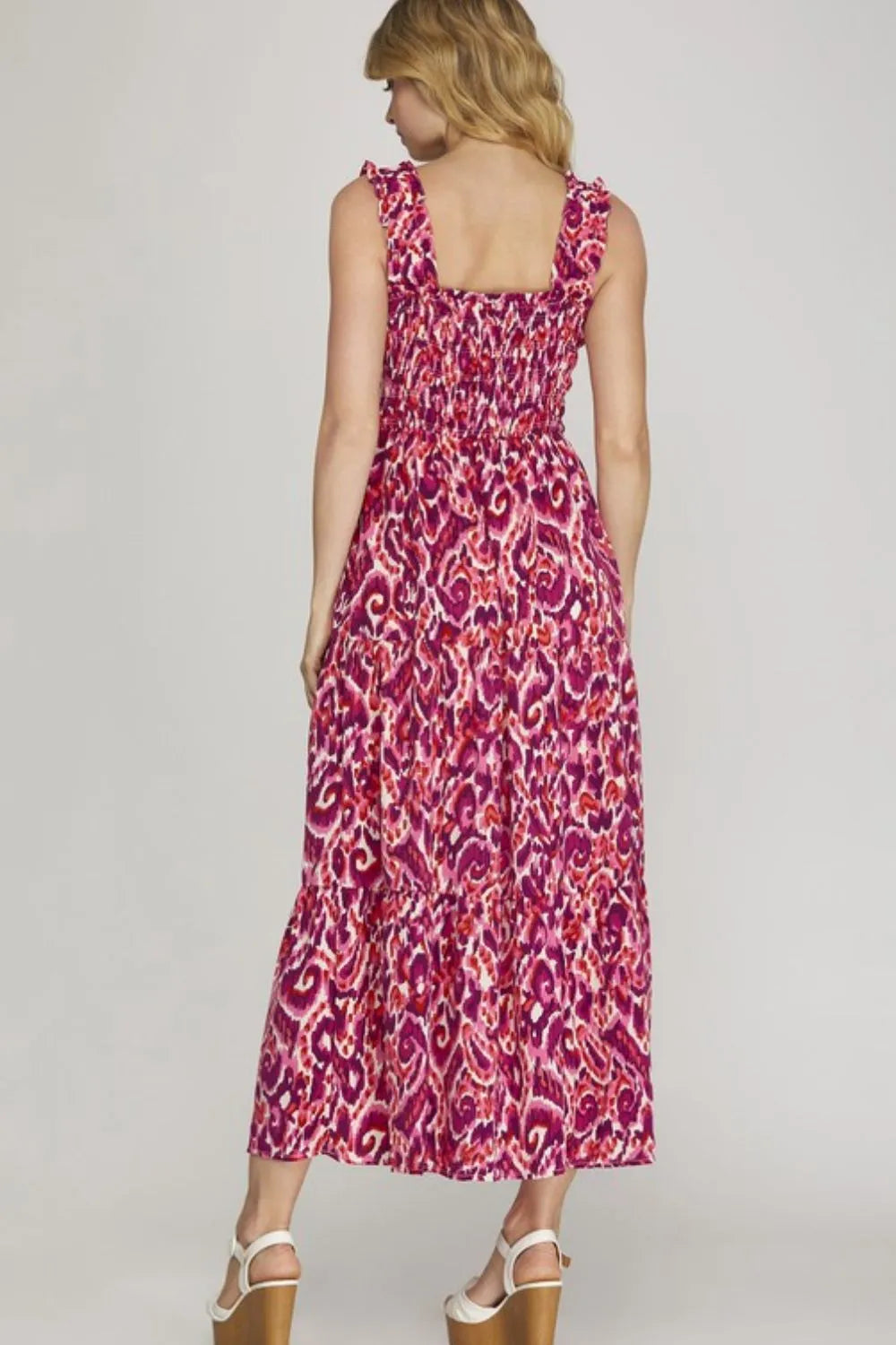 She + Sky Full Size Smocked Printed Wide Strap Tiered Dress Plus Size - Brittney MADE