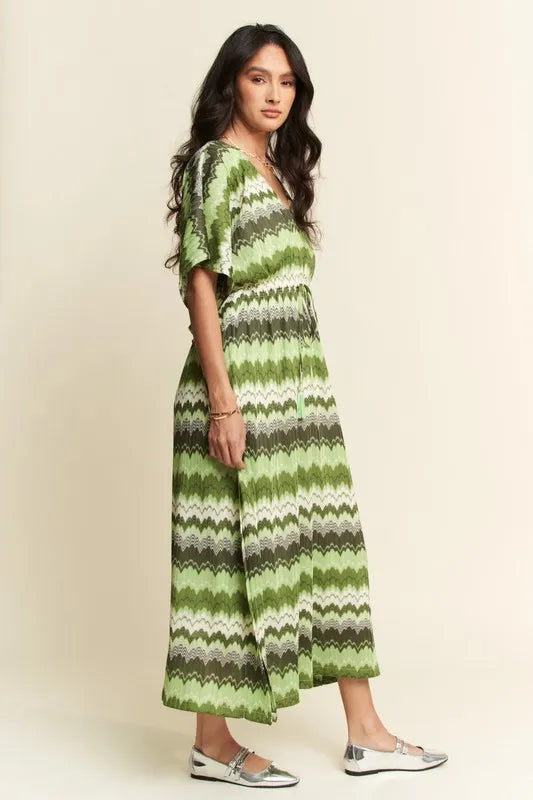 Davi & Dani Multi Color Wavy Tie Waist Flowy Sleeve Dress - Brittney MADE