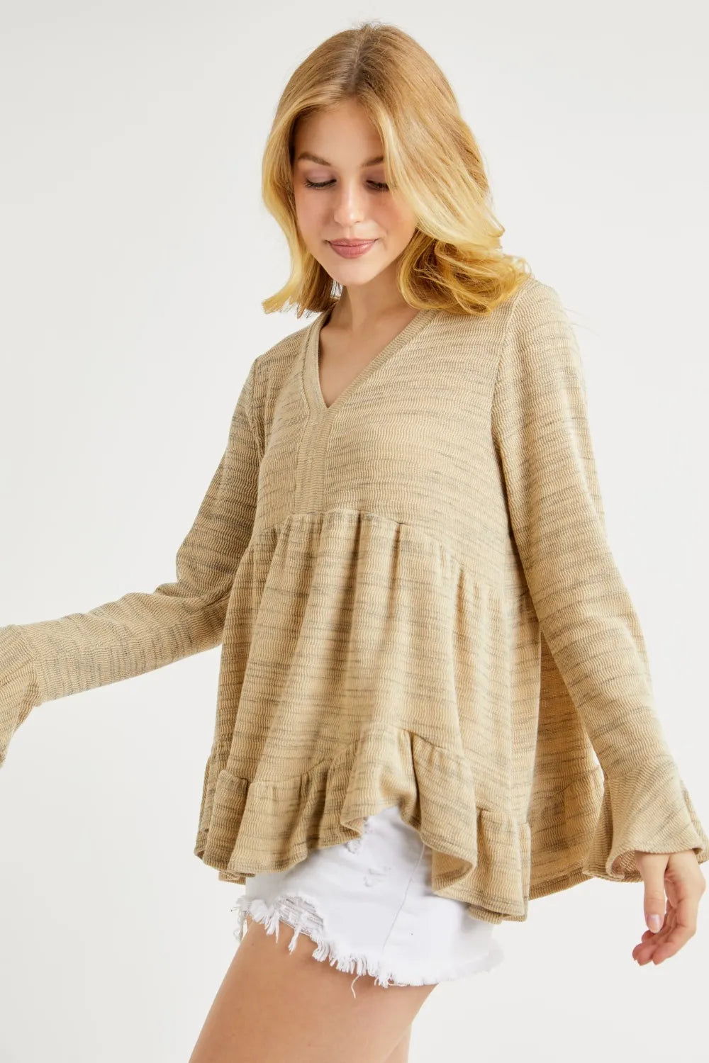 Hailey & Co V-Neck Flounce Sleeve Knit Top - Brittney MADE