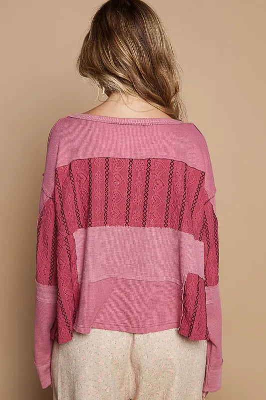 POL Half Button Color Block Drop Shoulder Knit Top - Brittney MADE