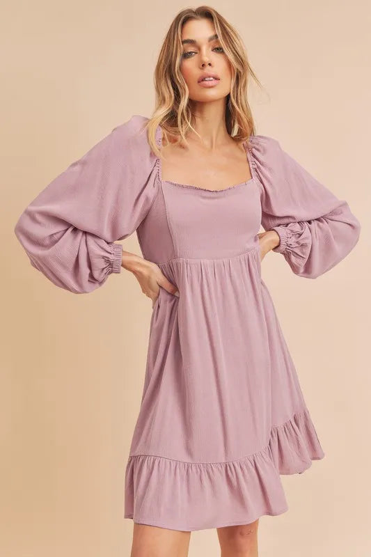 Aemi + Co Ruffled Hem Square Neck Balloon Sleeve Mini Dress - Brittney MADE