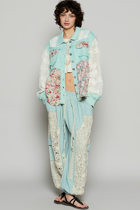 POL Floral Crochet Lace Frayed Edge Button Up Shacket - Brittney MADE
