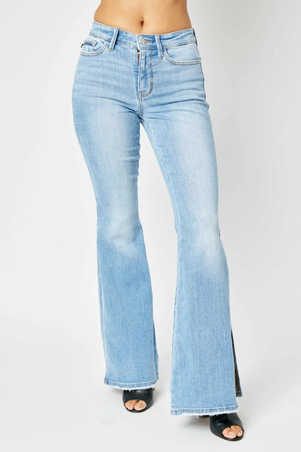 Judy Blue Full Size Mid Rise Raw Hem Slit Flare Jeans - Brittney MADE