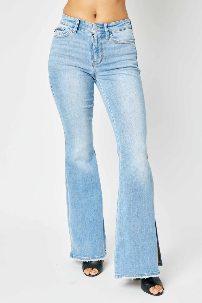 Judy Blue Full Size Mid Rise Raw Hem Slit Flare Jeans - Brittney MADE
