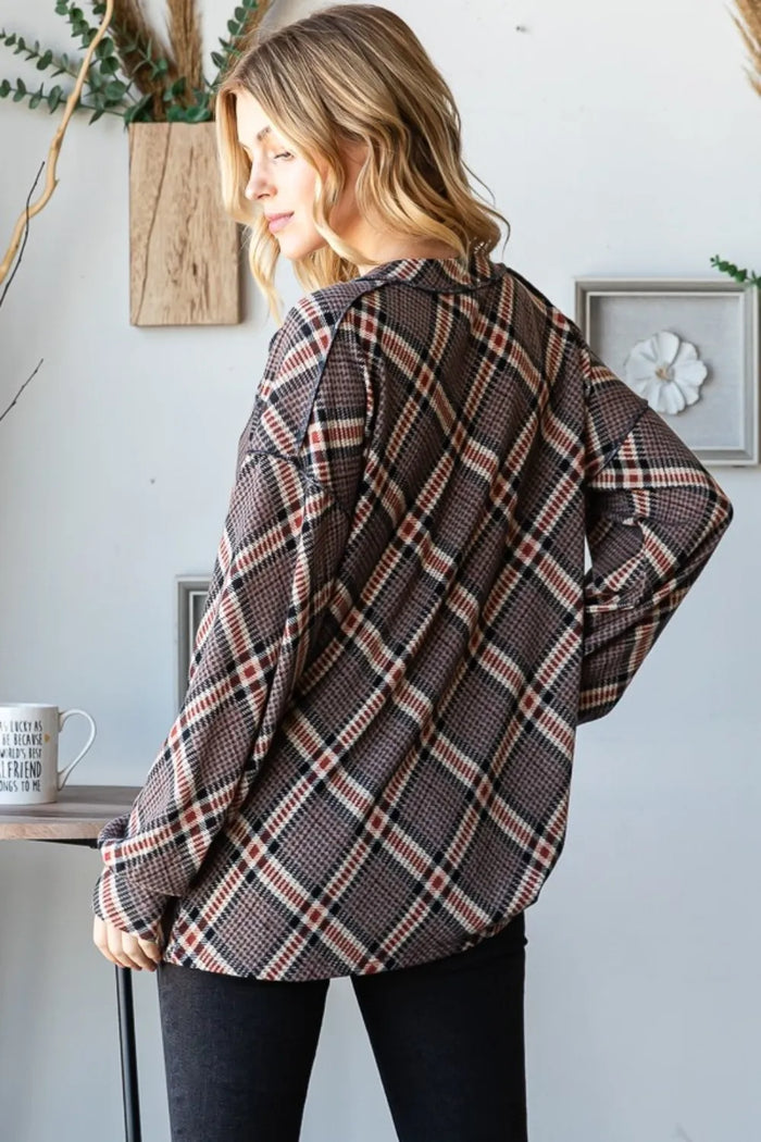 Heimish Plaid Exposed Seam V-Neck T-Shirt - Brittney MADE