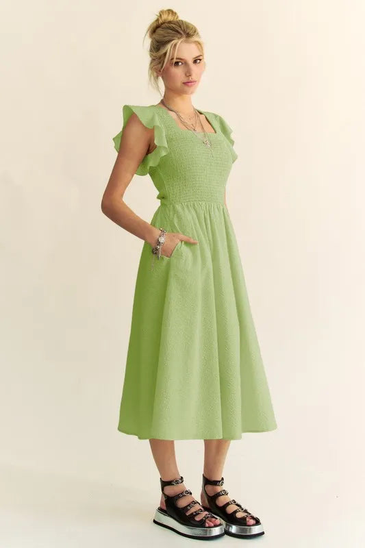 Davi & Dani Ruffled Cap Sleeve Smocked Midi Dress - Brittney MADE
