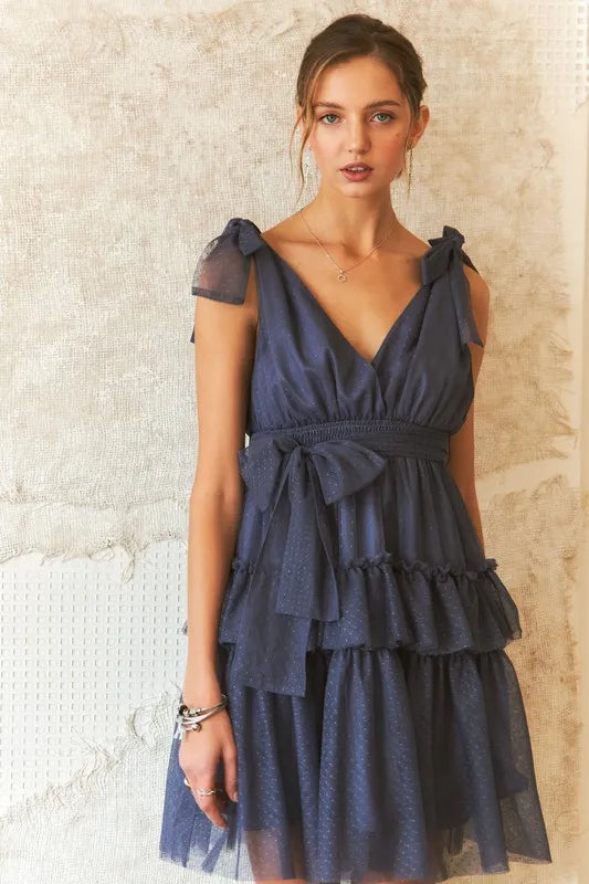 ADORA Tie Shoulder Polka Dot Mesh Dress - Brittney MADE