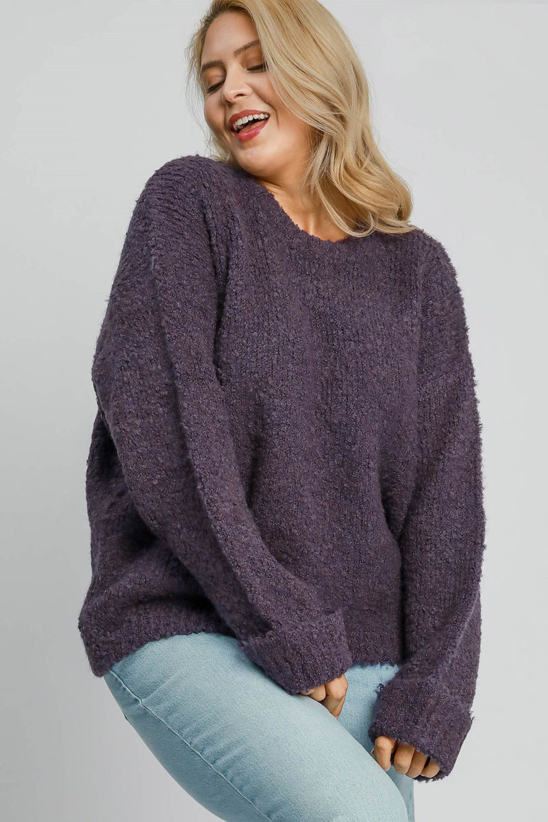 Umgee Full Size Round Neck Long Sleeve Boucle Sweater Plus Size - Brittney MADE