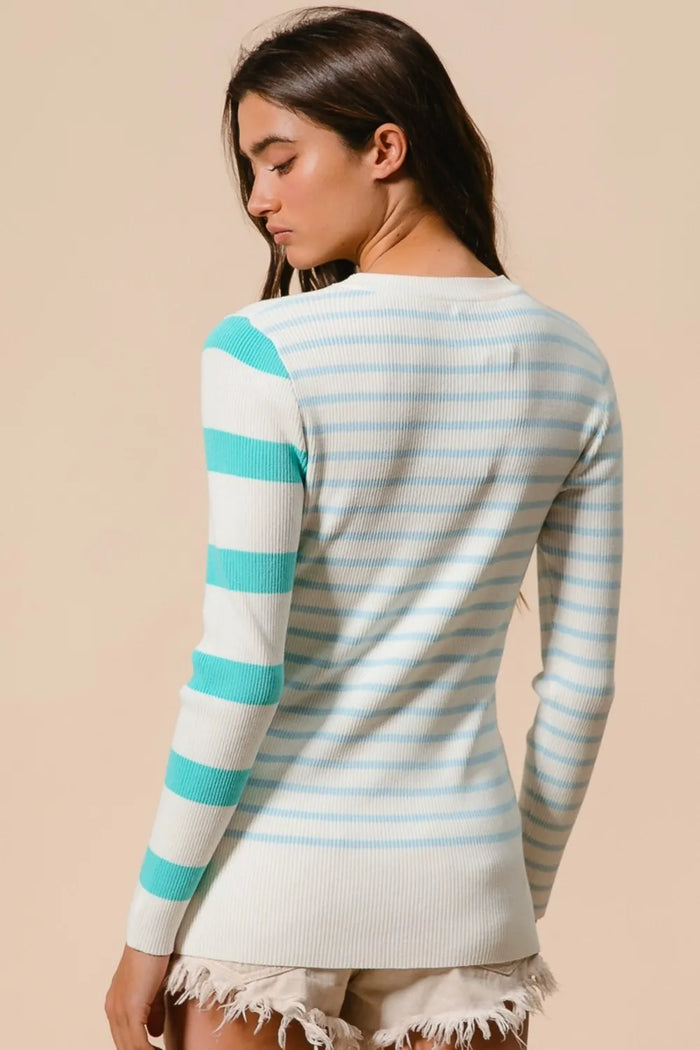 BiBi Contrast Striped Asymmetrical Hem Knit Top - Brittney MADE