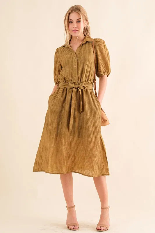 And The Why Waffle Textured Ribbon Waist Midi Dress - Brittney MADE