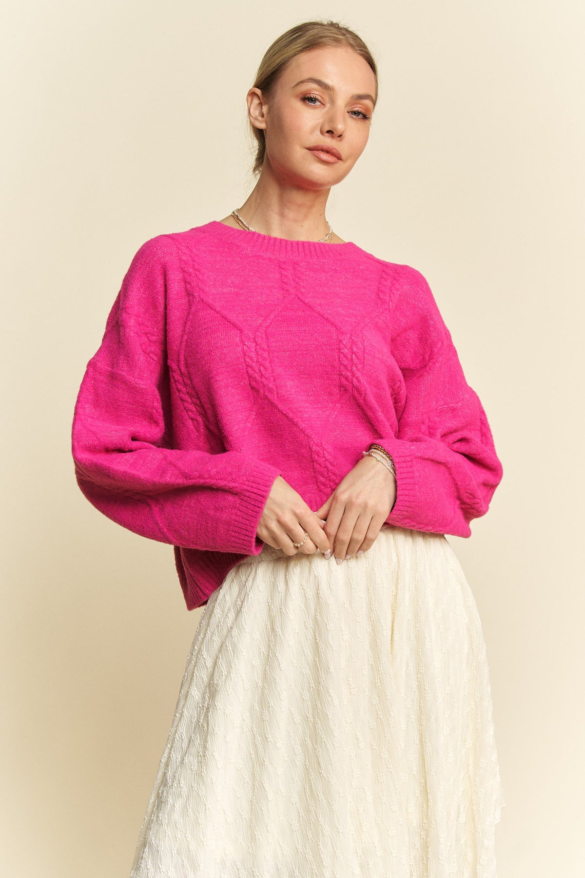 Davi & Dani Diamond Cable Pattern Drop Shoulder Sweater - Brittney MADE