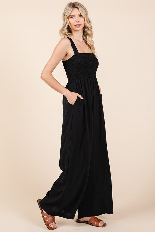 Mittoshop Smocked Wide Strap Wide Leg Overalls - Brittney MADE